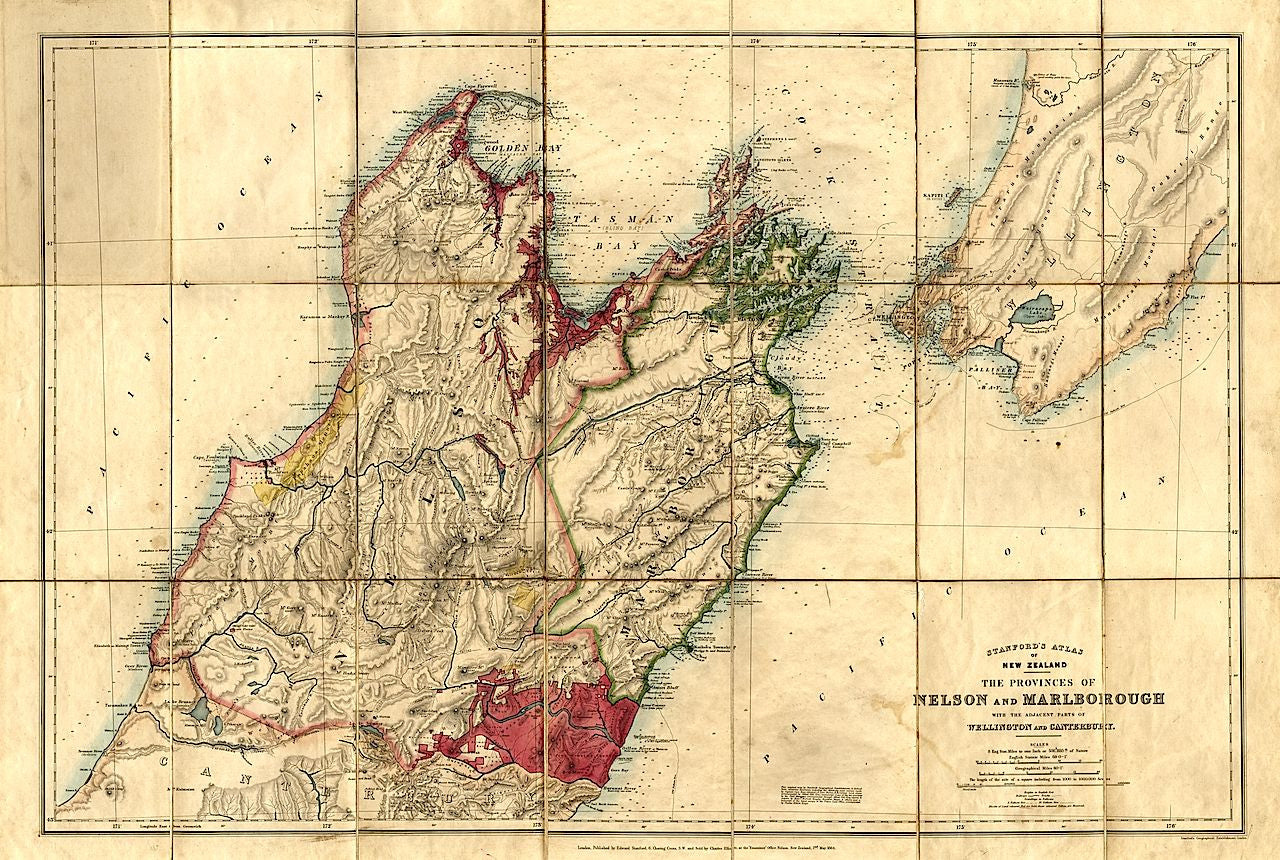Reproduction of a 1864 map of Marlborough and Canterbury, New Zealand by Edward Stanford