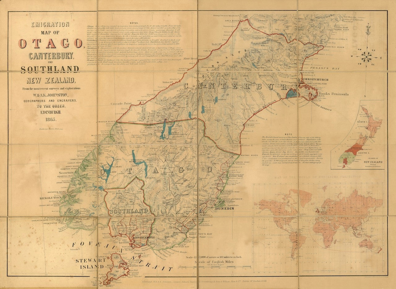 Reproduction of a 1865 map of  Otago, Canterbury and Southland