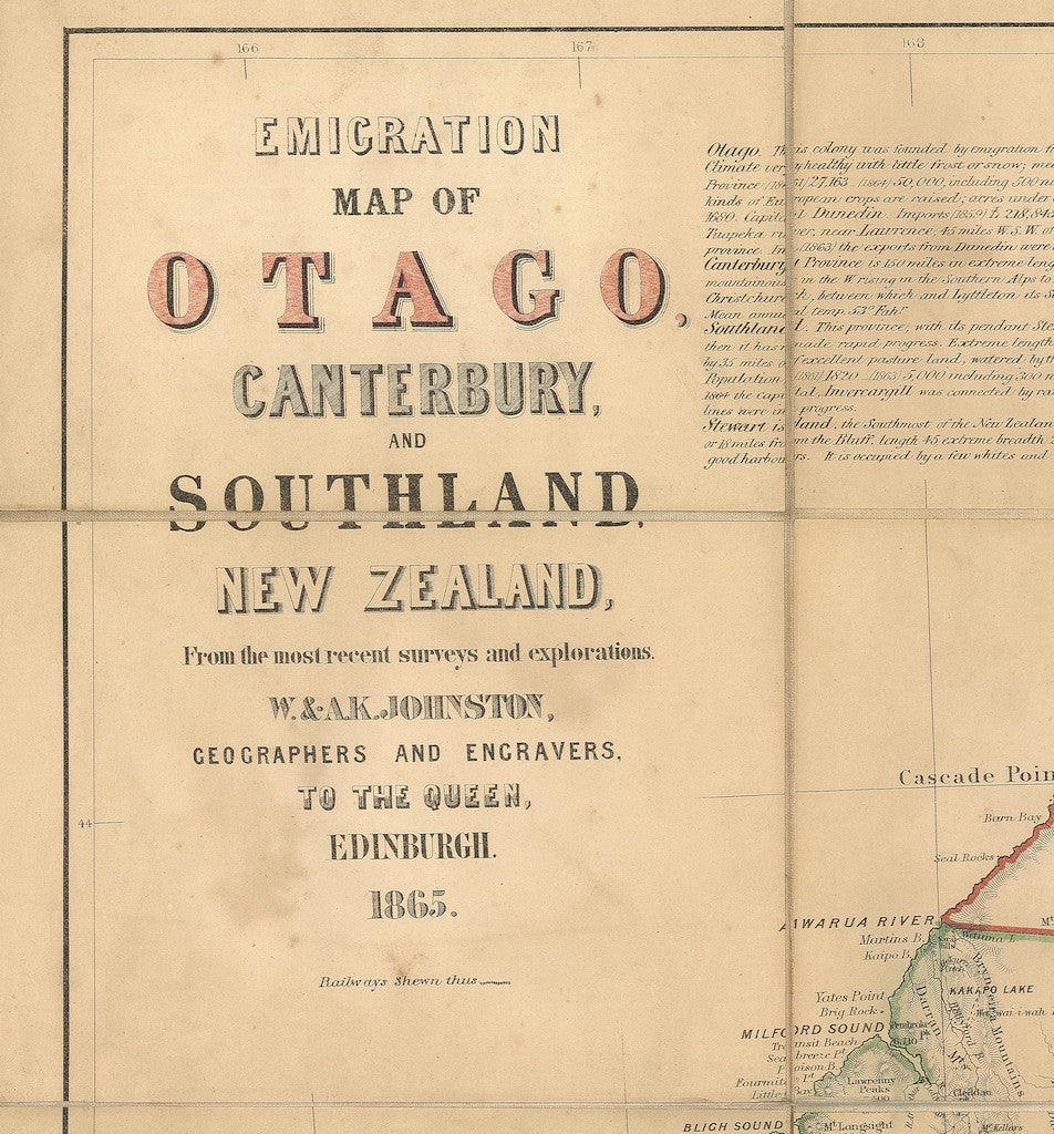Reproduction of a 1865 map of  Otago, Canterbury and Southland