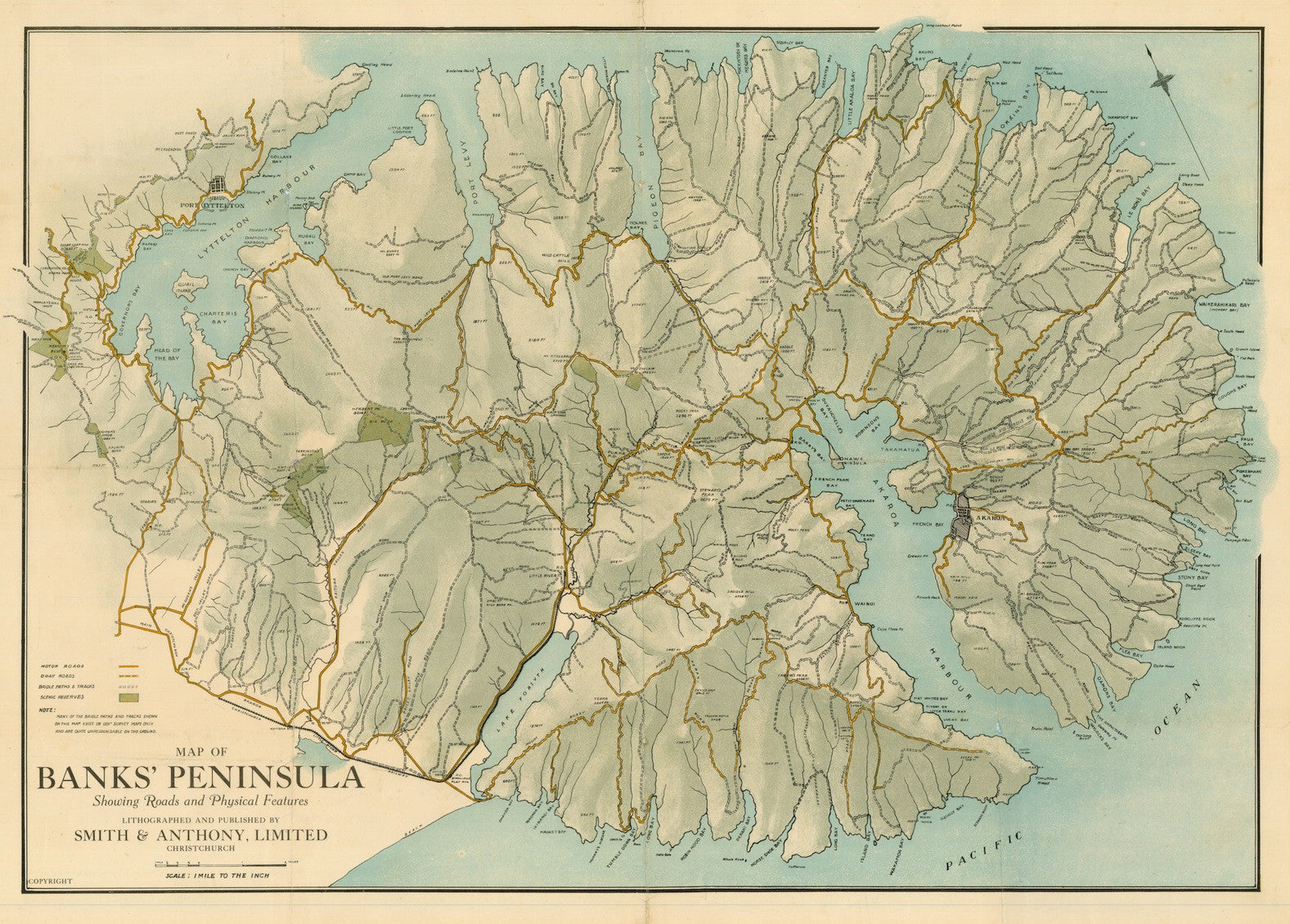 Map of Banks Peninsula showing Roads and Physical Features [Reproduction]