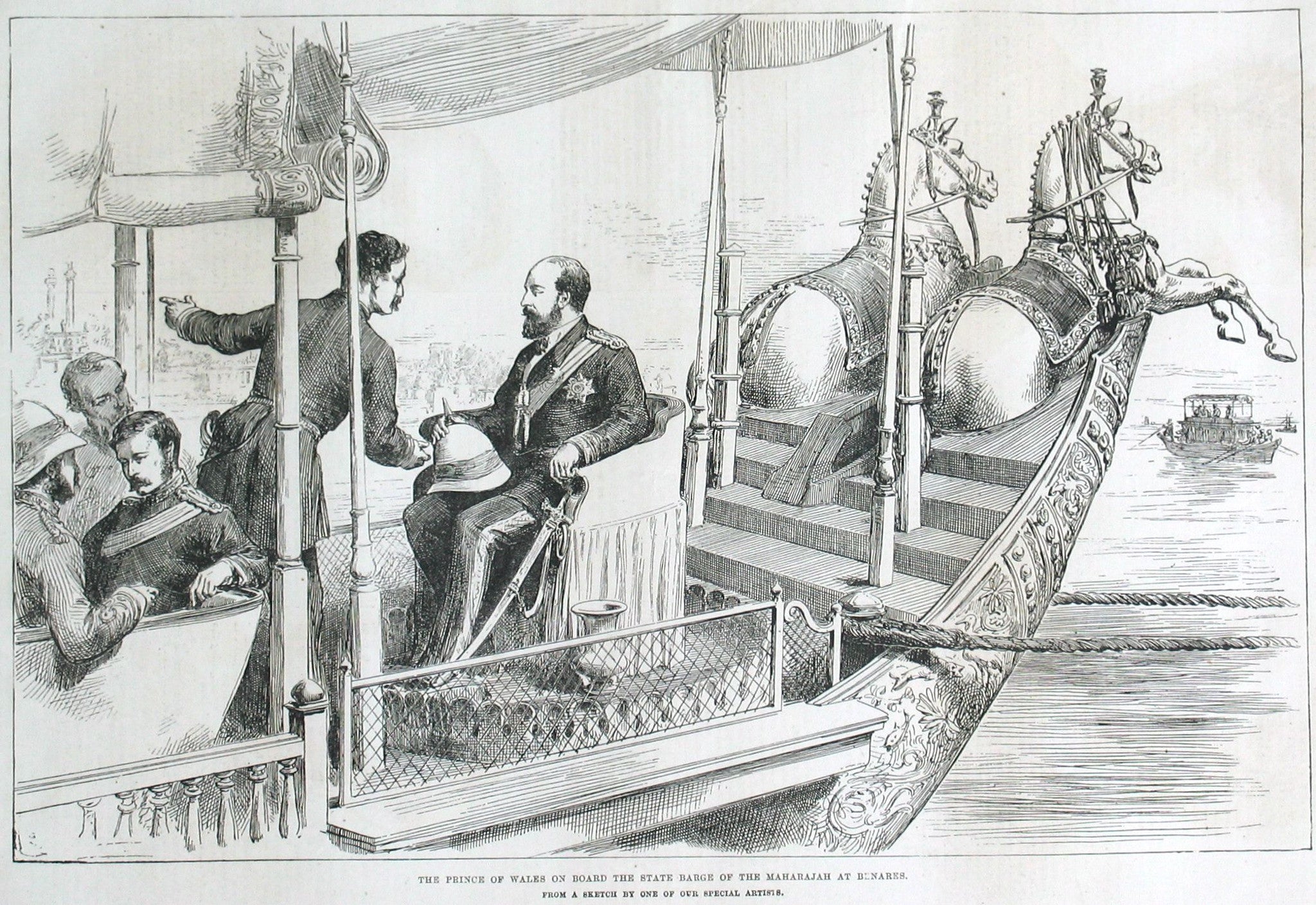 The Prince of Wales on board the state barge of the Maharajah at Benares.