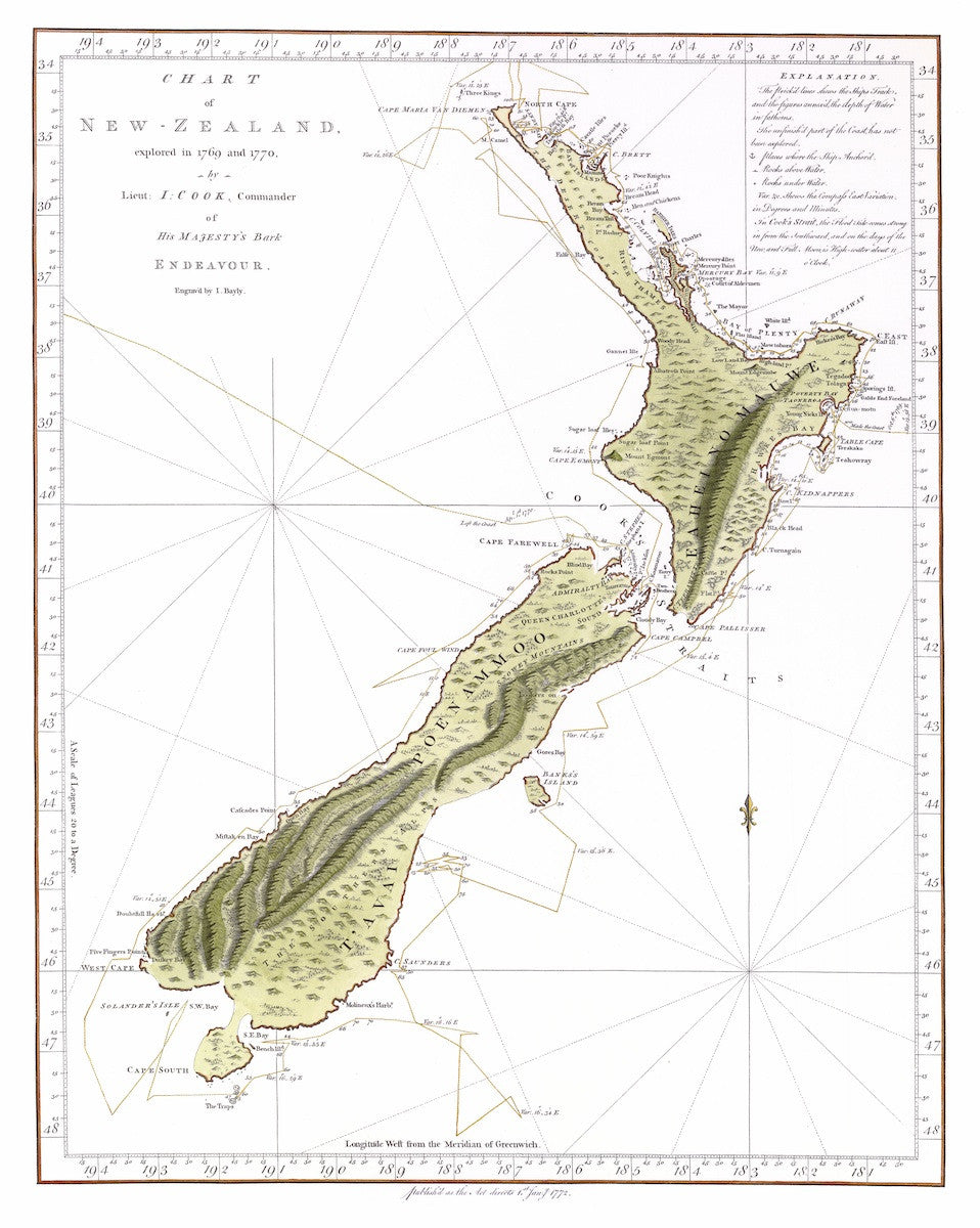 1772 Cook Chart of New Zealand [Hand-coloured Reproduction]