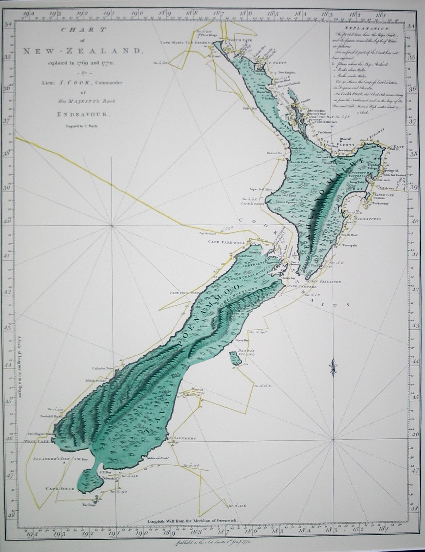 1772 Cook Chart of New Zealand [Hand-coloured Reproduction]